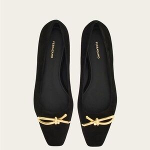 Salvatore Ferragamo Black Loafers with Gold Bow Detail